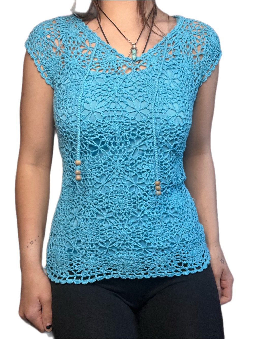 Y2K Blumind Teal Crochet Beaded Lined Tunic Top Size M Est